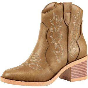 Women Polyurethane Mocha Embroidered Round Toe Short Ankle Chunky Heel Boot